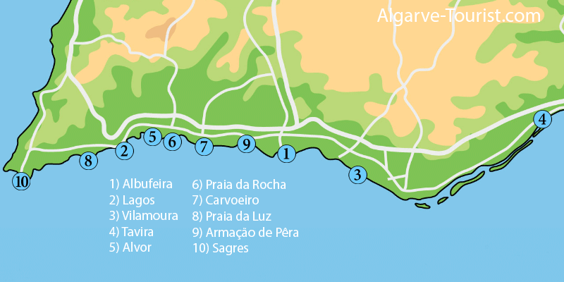 Carte de la côte de l'Algarve montrant 16 principales villes touristiques et l'Aéroport de Faro